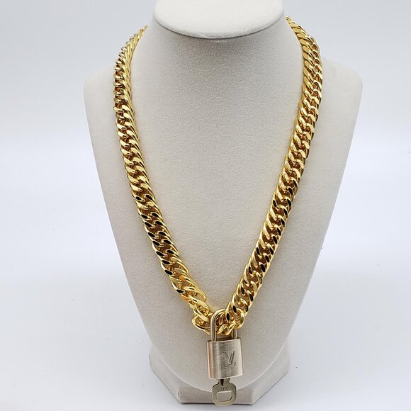 Authentic Louis Vuitton Gold Lock w/ Unbranded 18k cuban Gold Plated Chain - Picture 1 of 12